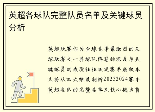 英超各球队完整队员名单及关键球员分析